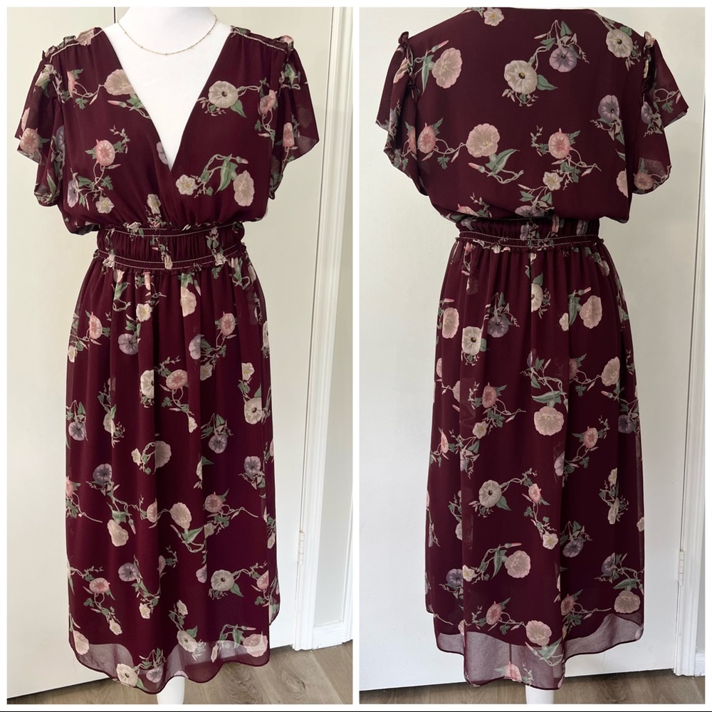 Max Studio | Burgundy V Neck Fit to Flare Dress